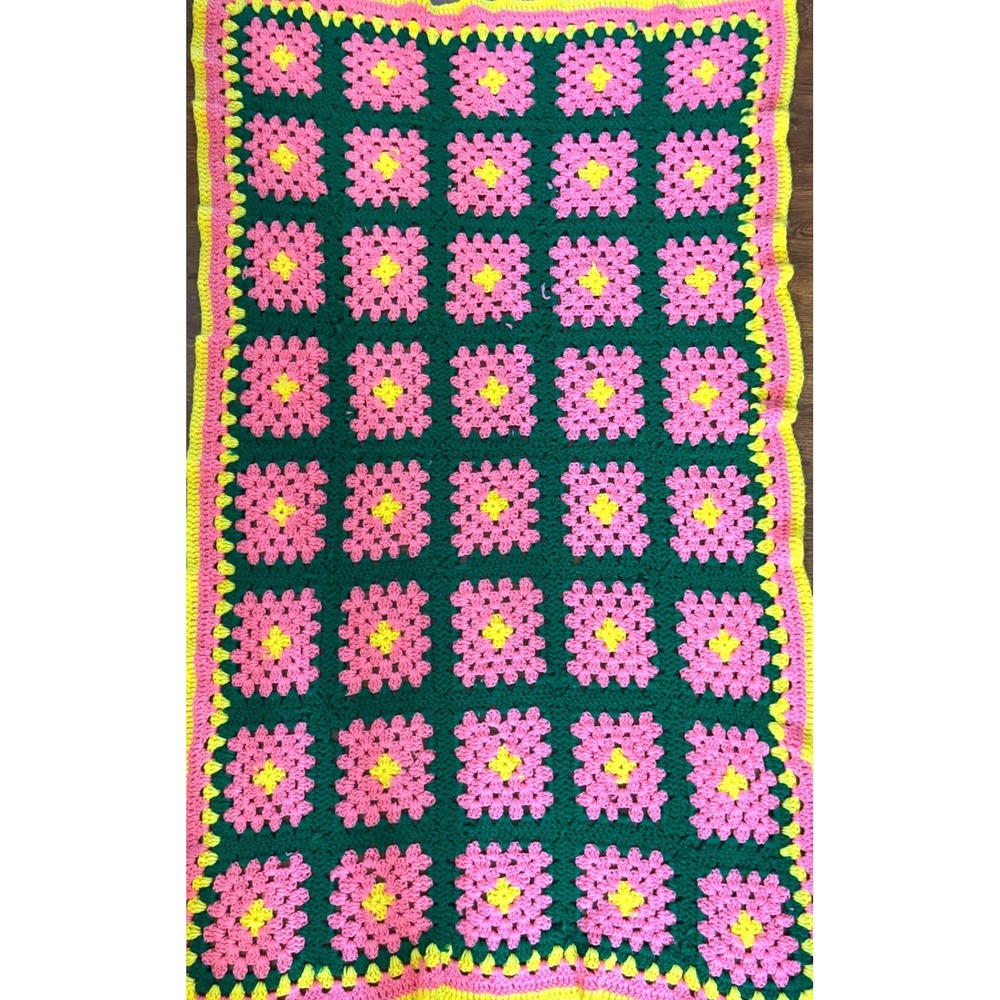 Handmade Pink Green Yellow Crochet Granny Square Afghan 42"x65"